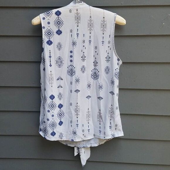 Elena Baldi Gray White Sheer Print Top with tie size Medium - Picture 2 of 8